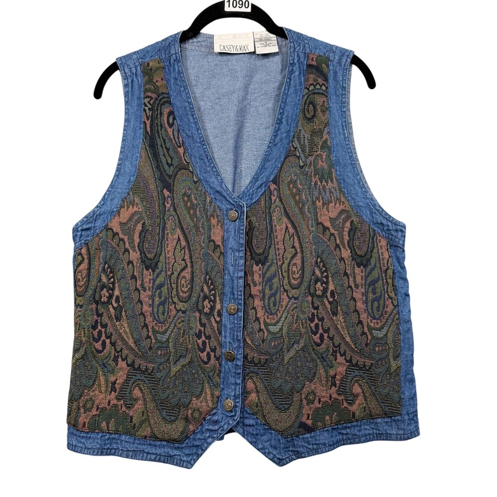 Vintage Casey & Max Denim Vest Womens Medium Blue Paisley Tapestry V-Neck